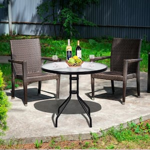 32 in.Round Metal Outdoor Tempered Glass Top Bistro Table with Umbrella Hole