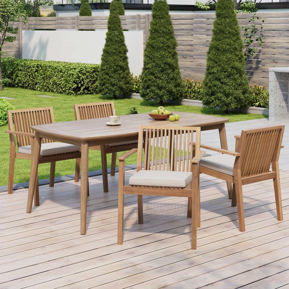 Maplewood Rustic Patio Light Brown 5-Piece Solid Wood Rectangle Outdoor Dining Set with Beige Cushions