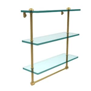 16 in. L x 18 in. H x 5 in. W 3-Tier Clear Glass Bathroom Shelf with Towel Bar in Polished Brass