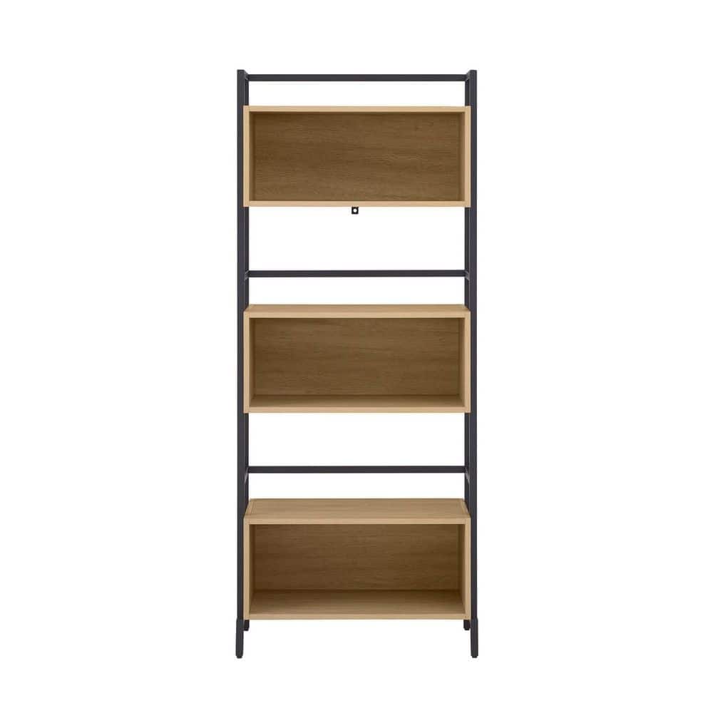 Tall Bookcase with Closed and Open Storage, Coastal Oak/Black