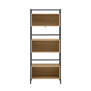 64 in. Coastal Oak/Black Wood Modern 6-Shelf Standard Bookcase with Cubbies