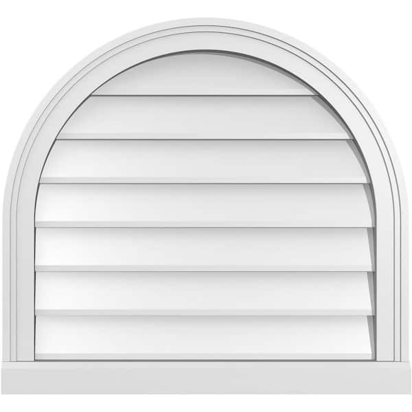 Ekena Millwork 26 in. x 24 in. Round Top Surface Mount PVC Gable Vent: Decorative with Brickmould Sill Frame