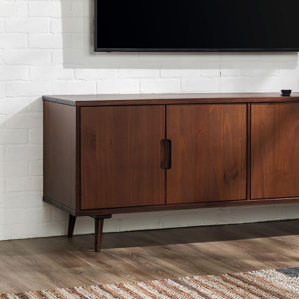 60 in. Mid-Century Modern Walnut Solid Wood TV Stand with 4 Doors (Max TV Size 65 in.)