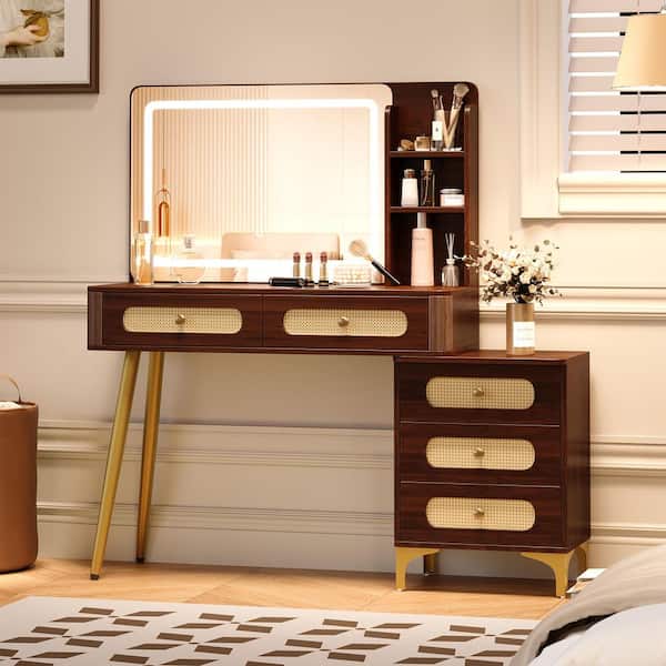 Rattan Drawer Design Brown Makeup Vanity with Mirror, Adjustable Brightness Lights, 5-Drawers and Storage Shelf