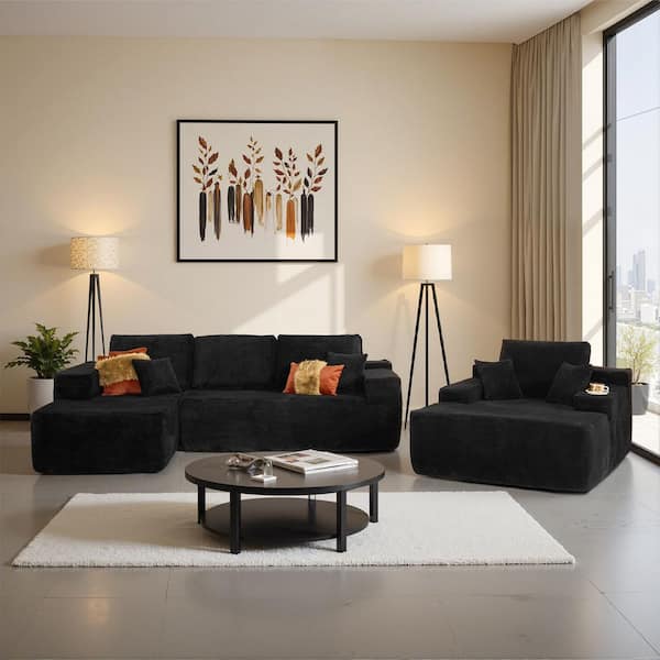 Lettu 104 in. Wide Arm 3-Piece Black Corduroy L-Shaped Modular Sectional Sofa Set with Left Chaise Lounge in Black