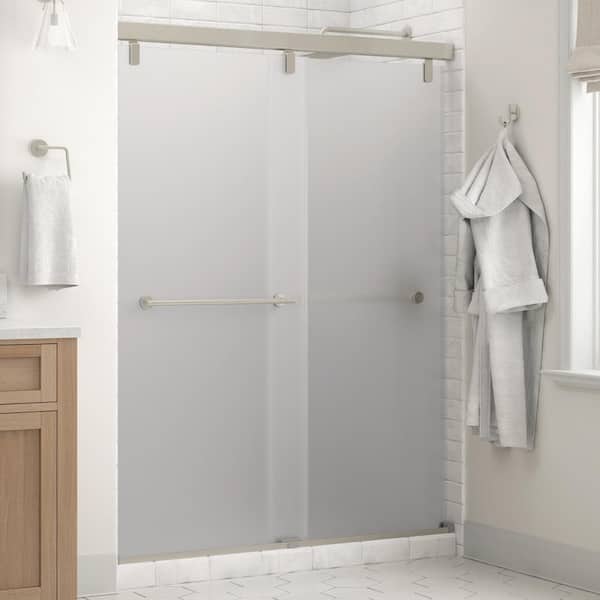 Delta Crestfield Mod 50-1/8 to 58-1/2 in. W x 71-1/2 in. H Soft-Close Frameless Sliding Shower Door, Nickel with Frosted Glass