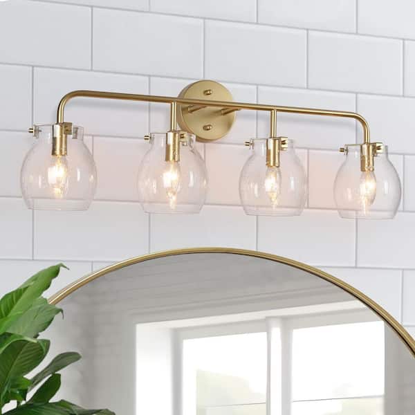 29 in. Seeded Glass Wall Sconce Lighting, 4-Light Modern Gold Bathroom Vanity Light, Globe Farmhouse Bath Lighting