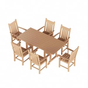 Hayes 7-Piece HDPE Plastic All Weather Outdoor Patio Trestle Table Dining Set with Armchairs in Teak