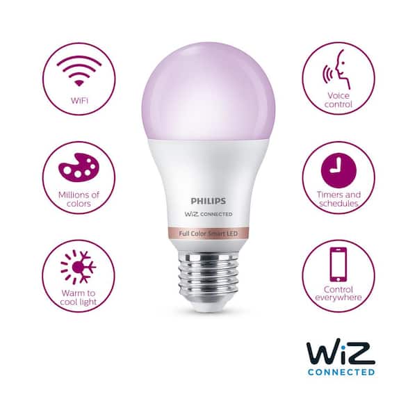 Philips Equivalent A19 LED Smart Wi-Fi Color Smart Light Bulb powered by WiZ with Bluetooth (1-Pack) 562702 - The Home Depot