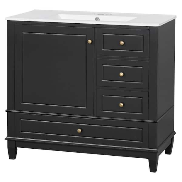 36 in. Single Sink Solid Wood Frame Freestanding Black Bath Vanity with White Ceramic Top, Unassembled, Soft Close