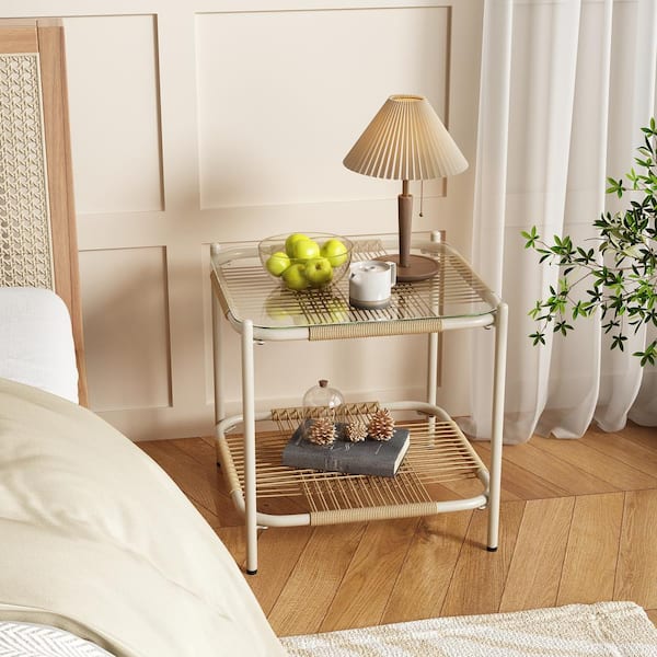 FUFU&GAGA White Frame Brown Rattan 17.7 in. Width Woven Square Tempered Glass Top Nightstand End Table with 1 Open Shelf