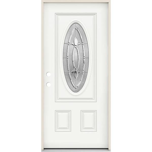 JELD-WEN 36 in. x 80 in. Right-Hand 3/4 Oval Blakely Glass Modern White Paint Fiberglass Prehung Front Door w/Rot Resistant Frame
