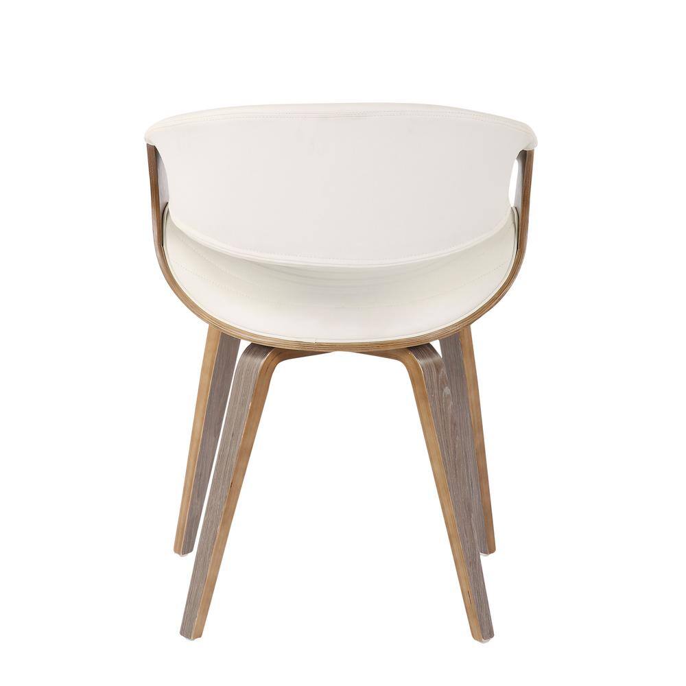 Light Grey Wood and White Faux Leather Mid-Century Arm Chair
