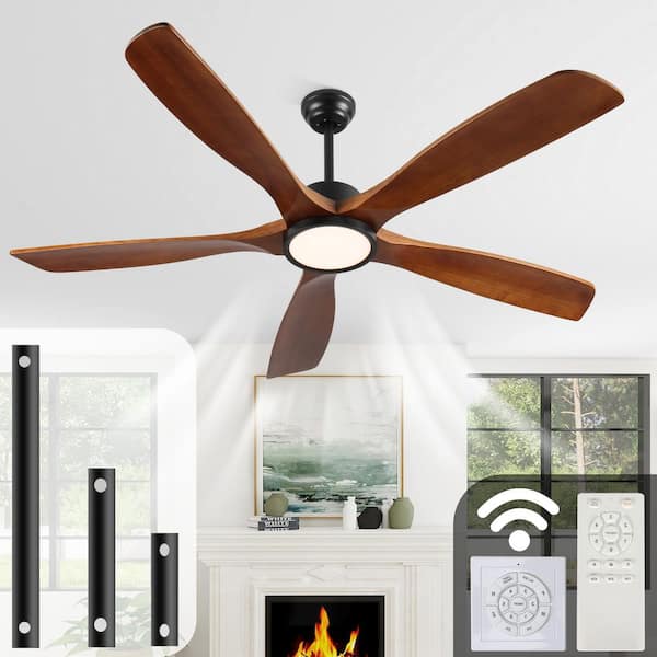 60 in. Indoor Brown Modern Ceiling Fan with LED Light with Remote Included, Downrod Mount