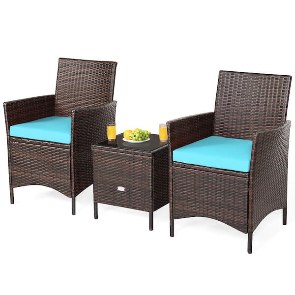 Costway 3-Pieces Wicker Patio Conversation Set with Blue Cushions