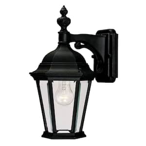 8 in. W x 15.5 in. H 1-Light Outdoor Textured Black Exterior Wall Mount Lantern Sconce with Clear Glass