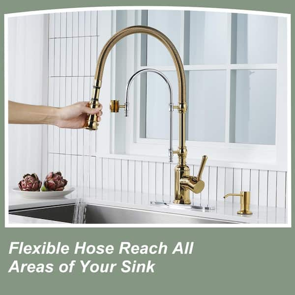 Single Handle Pull Down Sprayer Kitchen Faucet Solid Brass with Soap Dispenser in Gold and Chrome