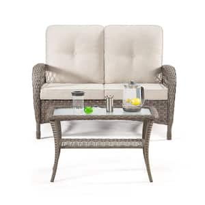 2-Piece Wicker Patio Conversation Set with Beige Cushions, 1 Love Seat and 1 Coffee Table