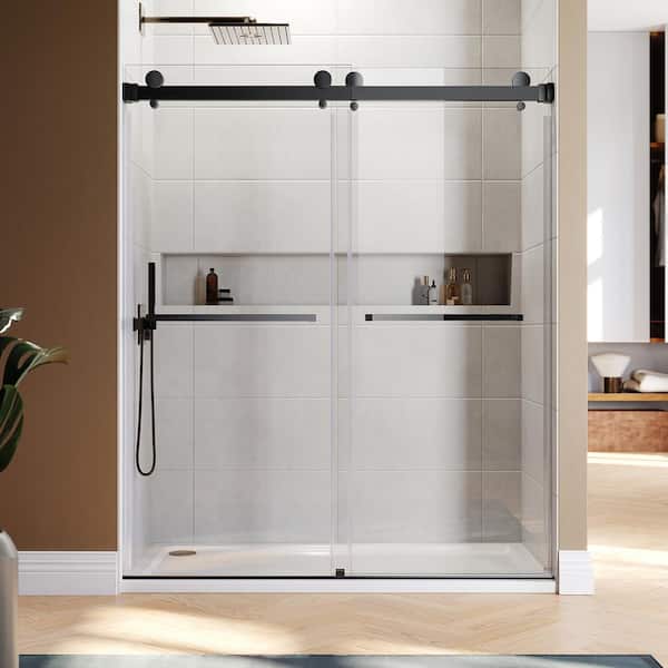 UKD01 56 to 58 in. W x 76 in. H Double Sliding Frameless Shower Door in Matte Black, EnduroShield 3/8 in. Clear Glass