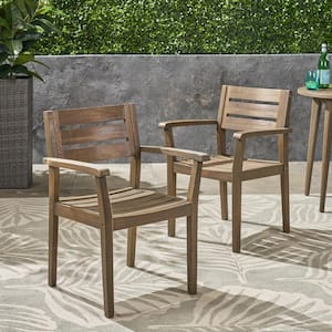 2-Piece Outdoor Acacia Wood Stacking Chairs for Backyard Patio Lawn Grey