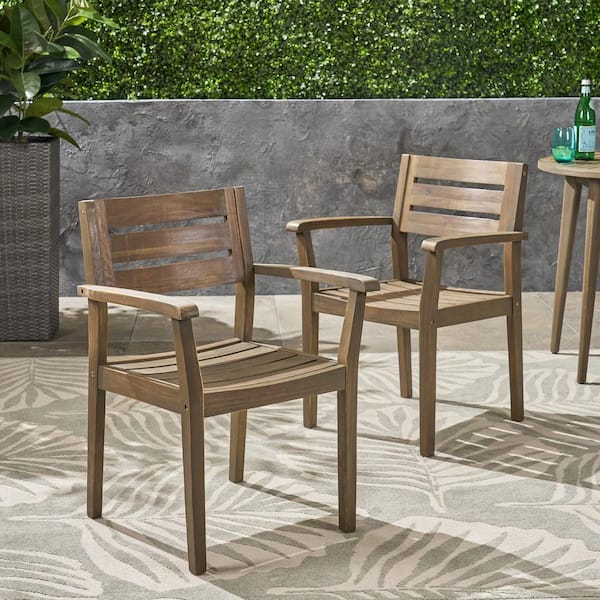 Unbranded 2-Piece Outdoor Acacia Wood Stacking Chairs for Backyard Patio Lawn Grey