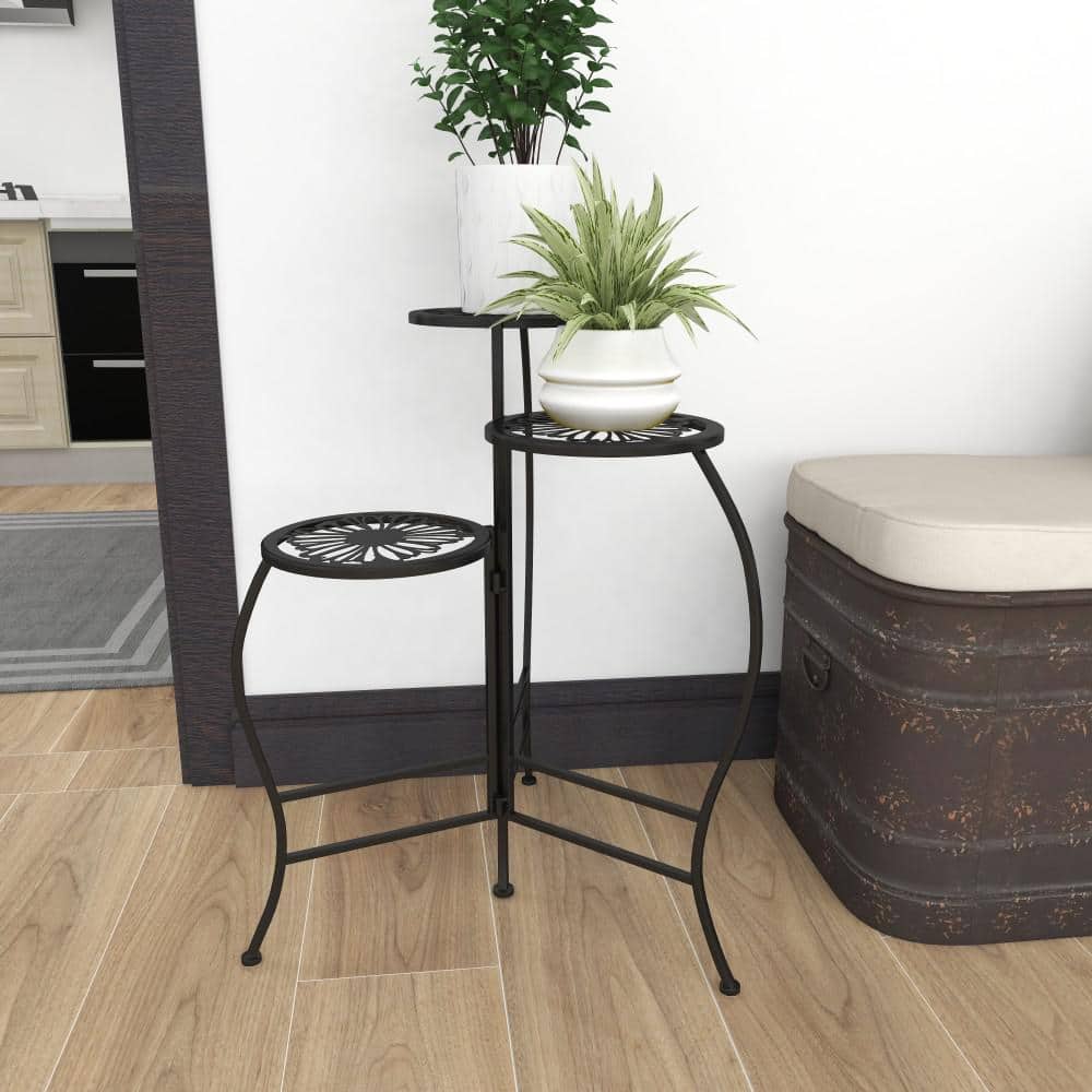 24" Black Metal 3-Tier Round Plant Stand