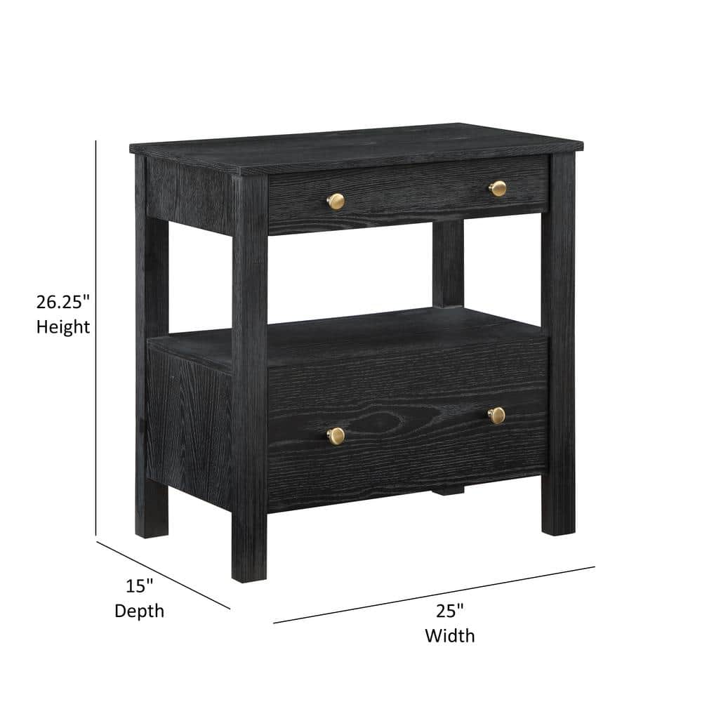 Delano Black Oak Veneer 2-Drawer Nightstand with Gold Knobs