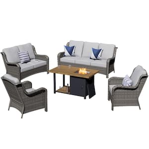 Joyo Ung Gray 5-Piece Wicker Outdoor Patio Fire Pit Table Conversation Seating Set with Gray Cushions