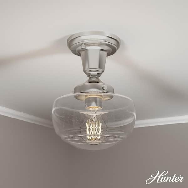 Hunter - Saddle Creek 1-Light Brushed Nickel Schoolhouse Mini Pendant Light with Clear Seeded Glass Shade