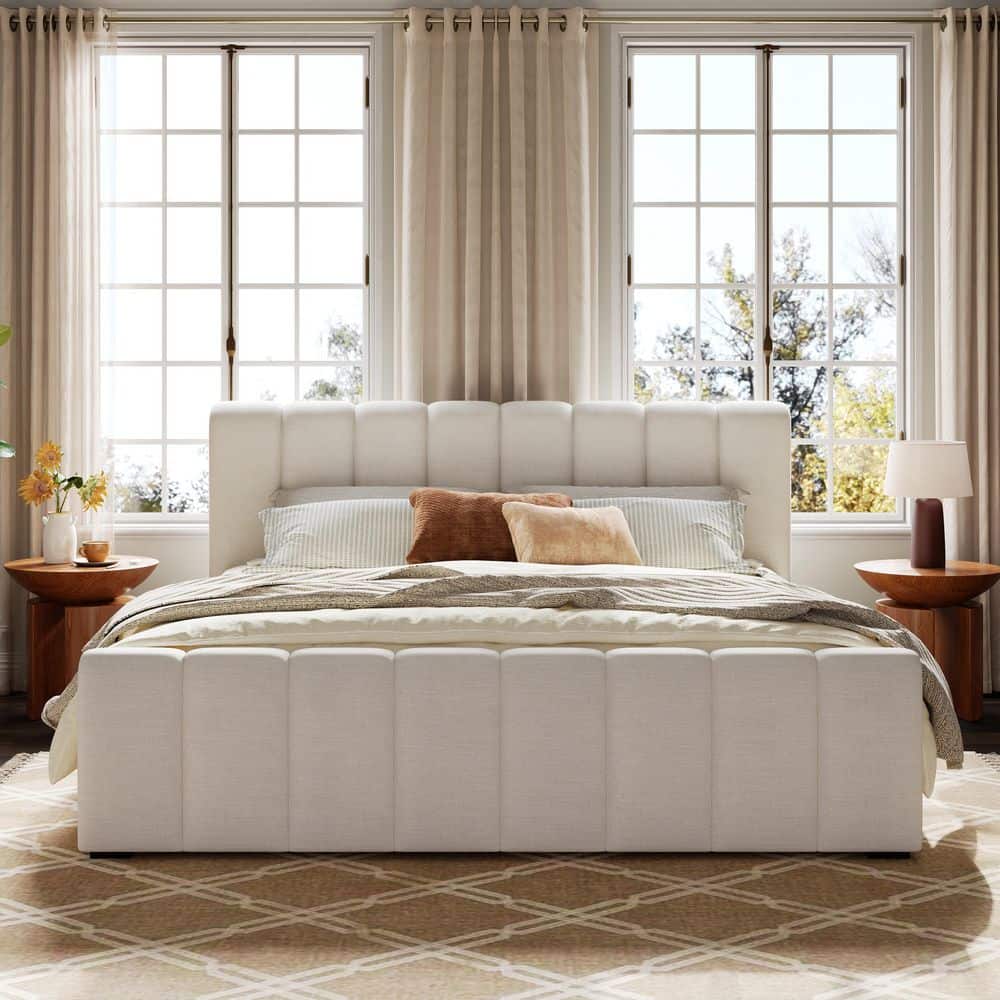 Bastin Beige Linen Fabric Upholstered Wood Frame King Size Platform Bed with Pipes Tufted Thick Headboard - thumbnail 9
