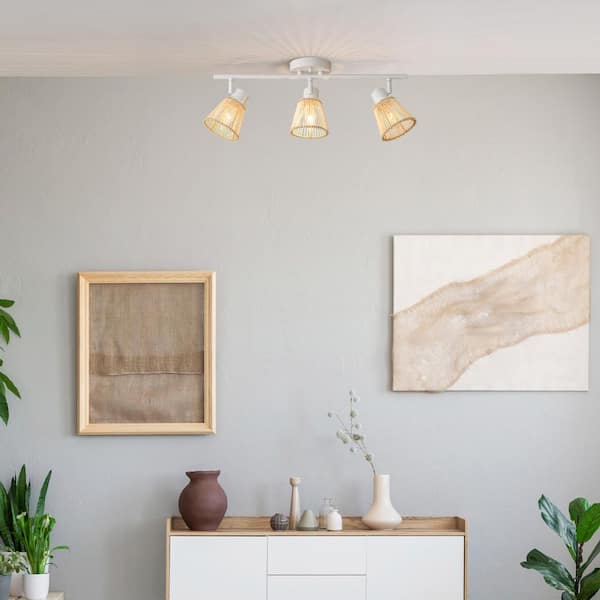 Japandi 1.8 ft. Matte White Indoor Hard Wired Track Lighting Kit with Bamboo Shades Step Heads