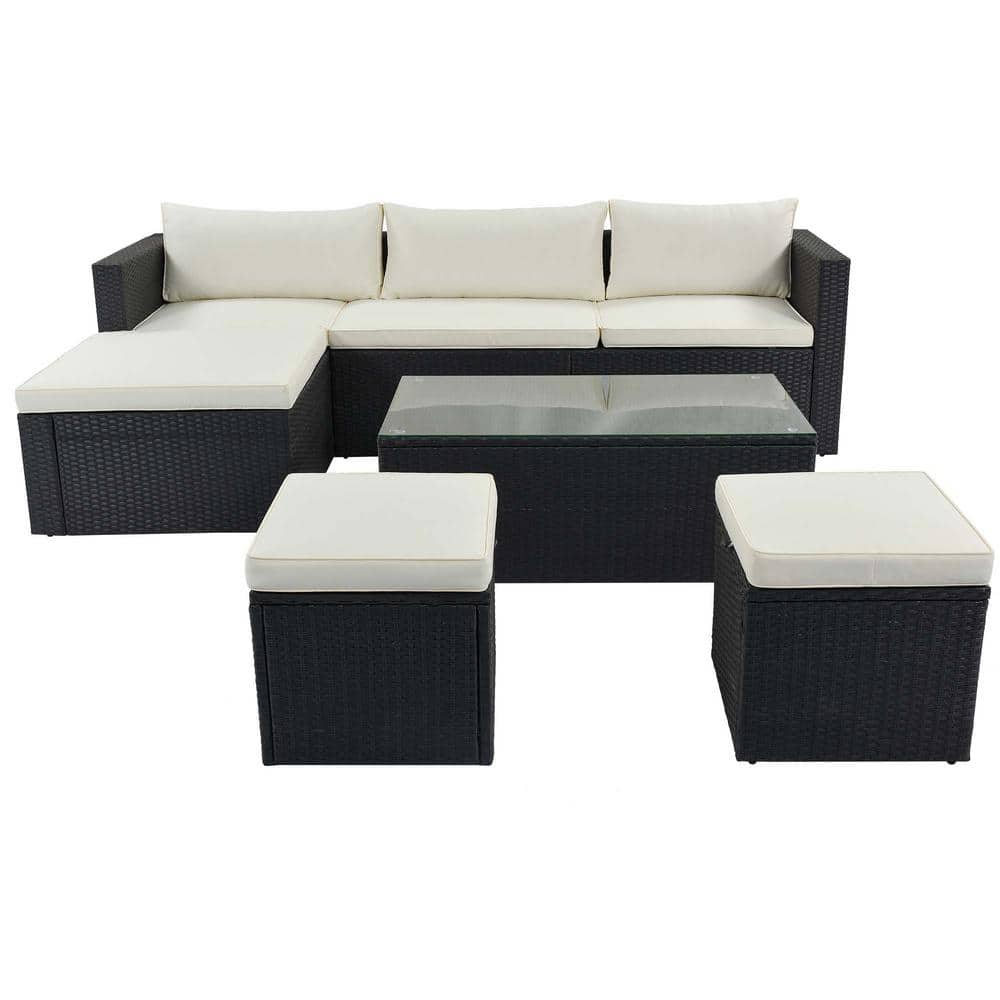 Sireck Black 5-Piece Wicker Metal Outdoor Sectional Set with Beige ...