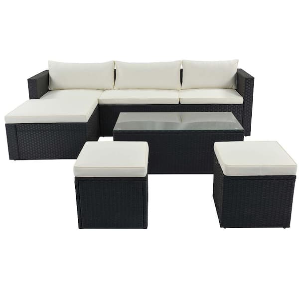 Sireck Black 5-Piece Wicker Metal Outdoor Sectional Set with Beige Cushions