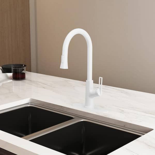 2-Spray Patterns Single Handle Pull Down Sprayer Kitchen Faucet with Deckplate and Water Supply Hoses in Matte White