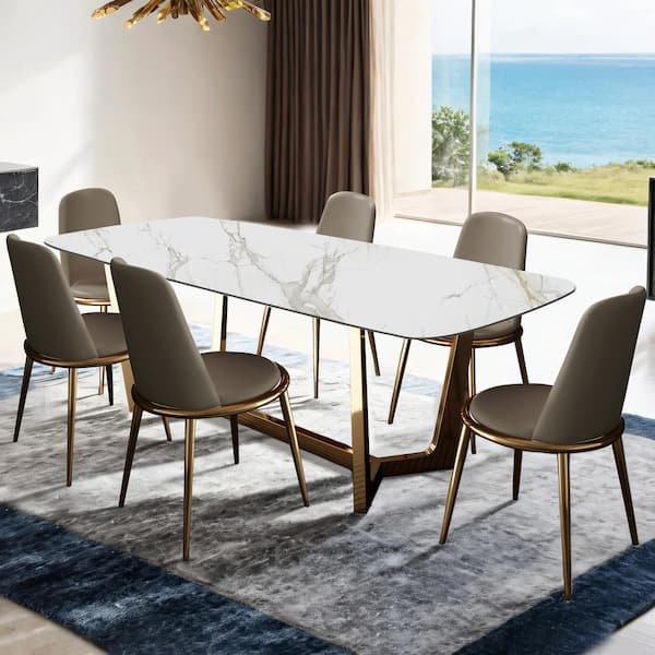 Furniture of America Riven 7-Piece Gold Ceramic Top Dining Room Set (Seats 6)