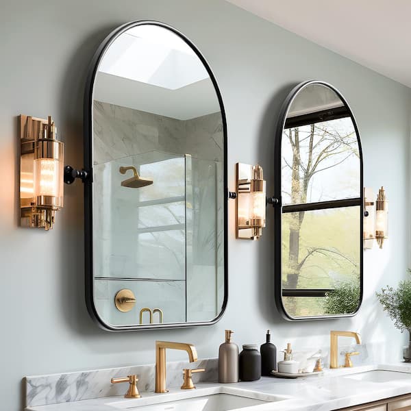 24 in. W x 36 in. H Arched Metal Framed Pivoted Bathroom Wall Vanity Mirror with Round Corners in Black (Set of 2)