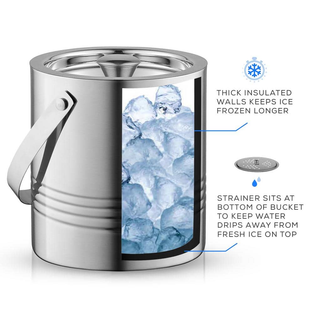 Stainless Steel Double Wall Ice Bucket with Lid and Tongs