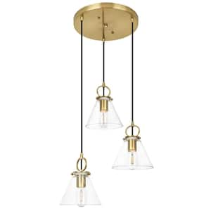 Jasslynn 40-Watt 3-Light Golden Industrial Pendant Light with Cone Clear Glass Shade for Kitchen Island Foyer