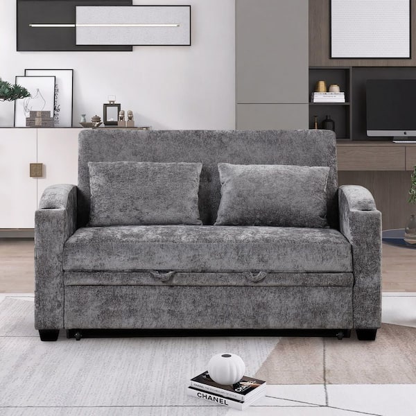 Luxury 61.42 in. W Dark Gray Chenille 2-Seater Loveseat with Cup Holders and Charging Station