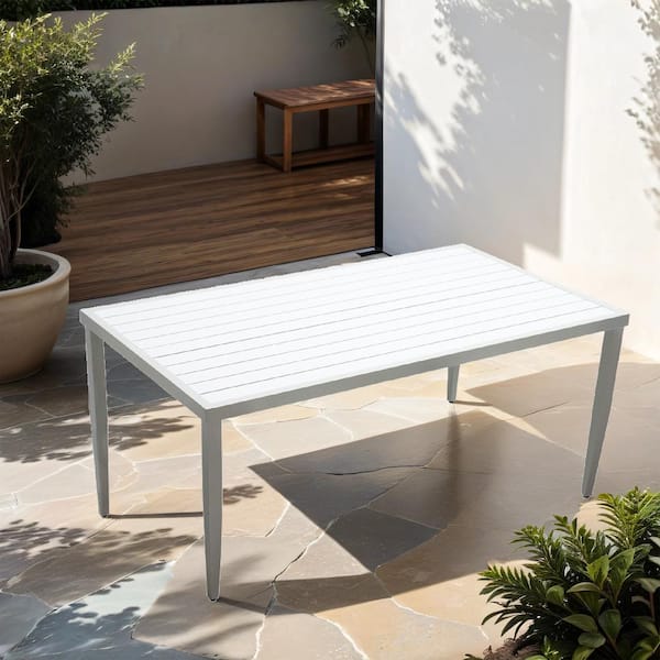 Mondawe 70 in. Light Gray Aluminum Rectangle Outdoor Patio Dining Table with Umbrella Hole