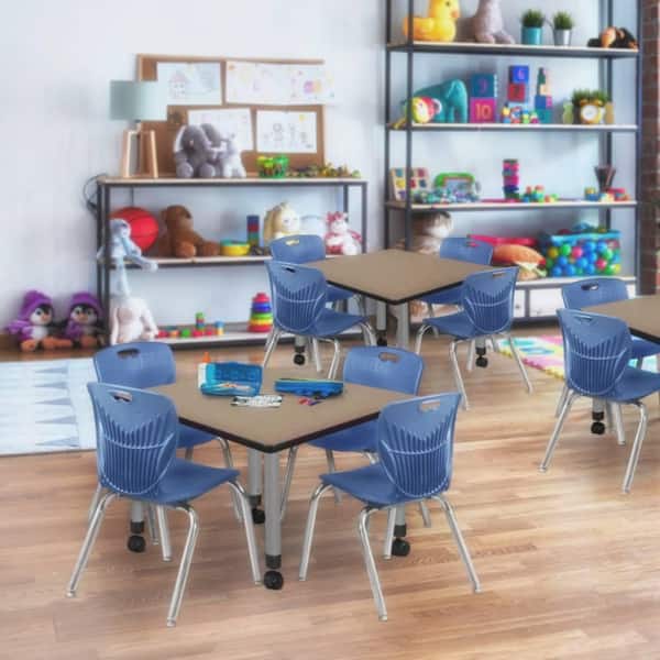 Kee 42 in. Square Noble Oak Mobile Adjustable Classroom Table Desk with Grey Base and 4 Andy 12 in. Blue Stack Chairs