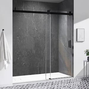 56-60 in W. x 76 in H. Frameless Single Sliding Soft Close Shower Door in Matte Black,3/8 in.(10 mm) Tempered Glass
