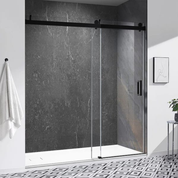 ANGELES HOME 56-60 in W. x 76 in H. Frameless Single Sliding Soft Close Shower Door in Matte Black,3/8 in.(10 mm) Tempered Glass