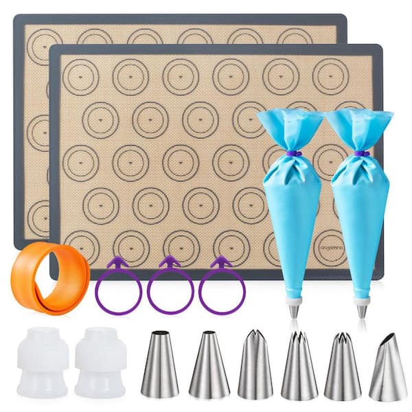 Silicone Nonstick Baking Mats Kit with Piping Tips Bags Ties Couplers Macaron Sheet Set of 16 Piece