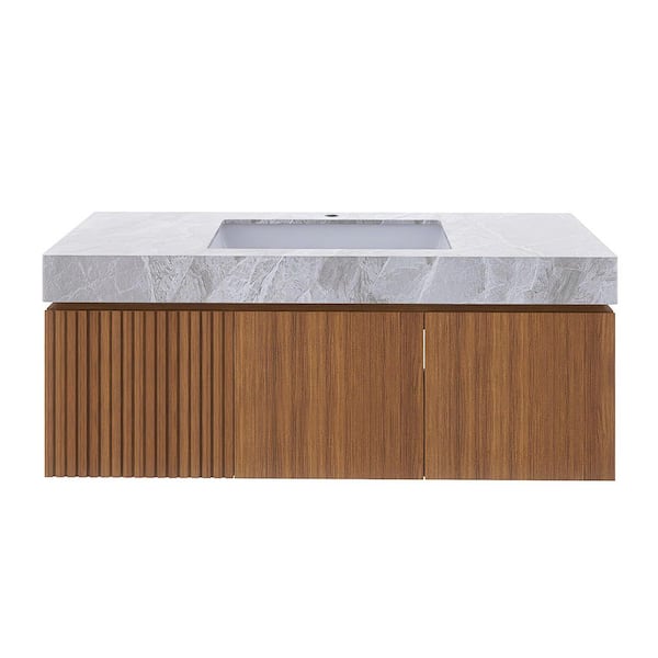 48 in. W x 19 in. D x 26 in. H Wall-Mounted Bath Vanity in Oak with Light Gray Sintered Stone Top