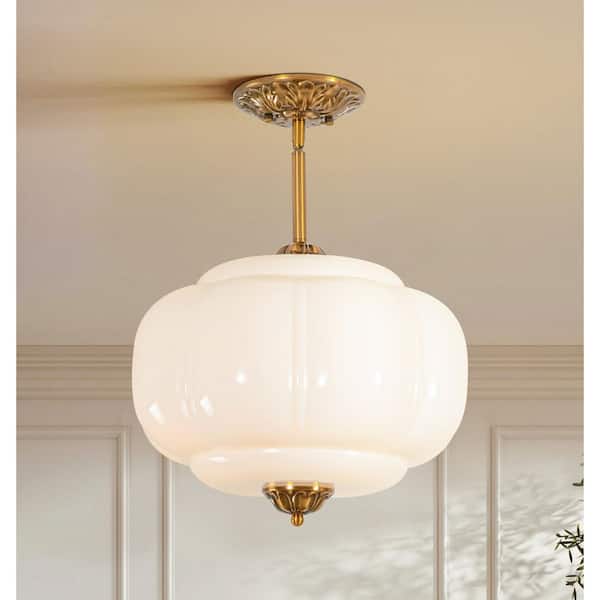 Amirah 1-Light French Country Brass Drum Pendant Light with White Pumpkin Glass Shade