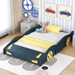 Full Size Car-Shaped Platform Bed with Wheels and Storage, Dark Blue+Yellow