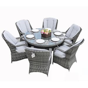 LISA 7-Piece Wicker Outdoor Dining Set with Gray Cushion