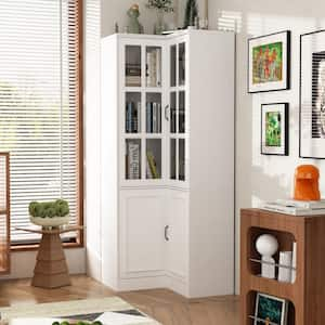 78.9 in. Tall 5-Shelf White Wood Corner Standard Bookcase with Adjustable Shelves, Tempered Glass Doors, Cabinet