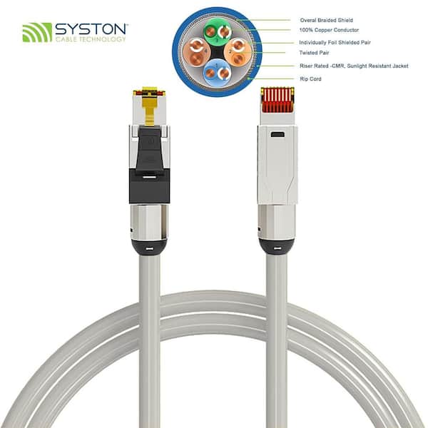 100 ft. White CAT8 CMR 22 AWG Ethernet Patch Cable 2000MHz 40GB Individual Electro-Magnetic Tinned Copper Braid Shield